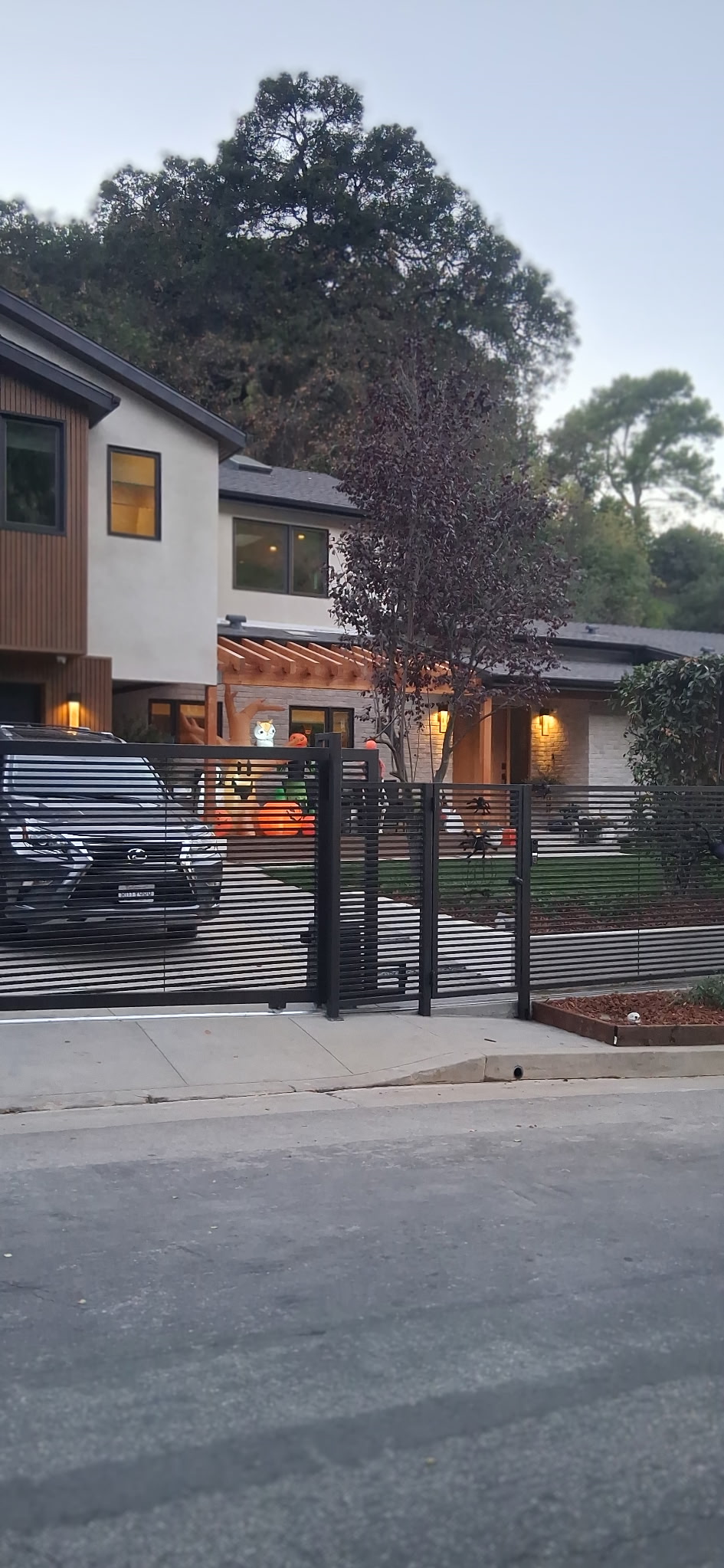 Modern black steel driveway gate and fence at dusk